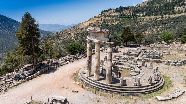 Aerial bird's eye view photo taken by drone of archaeological site of ancient Delphi, site of temple of Apollo and the Oracle, Voiotia, Greece