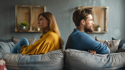 Disappointed couple sitting on sofa back to back, facing away from each other. Portrait of frustrated husband and wife feeling upset after argument and making decision of breaking up get divorced