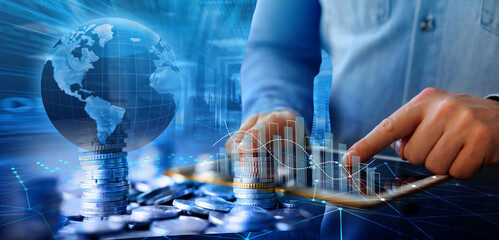 business, finance, investment, currency exchange concept, coins, financial reports, economic growth, and finance background.