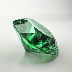 Close-up of a vibrant green emerald gemstone on a white background
