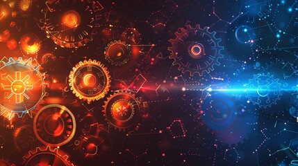 Futuristic Technology Background with Glowing Gears and Circuitry. Concept of Innovation, Engineering, and Digital Transformation
