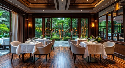 Fototapeta premium Modern Chinese Restaurant Dining Room With Large Windows and Garden Views
