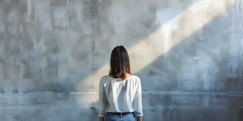 Woman with anorexia nervosa standing in front of blank wall. Concept Anorexia nervosa, Eating disorder, Mental health, Blank wall, Body image