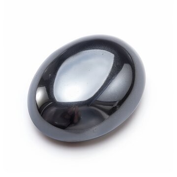 A close-up shot of a smooth, polished hematite gemstone on a white background