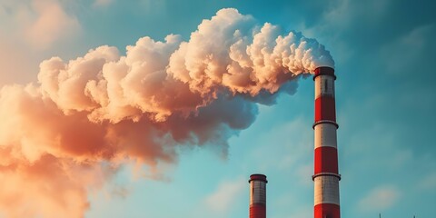 Air pollution from industrial smokestacks at a power plant. Concept Environmental effects, Industrial emissions, Air quality monitoring, Pollution control regulations