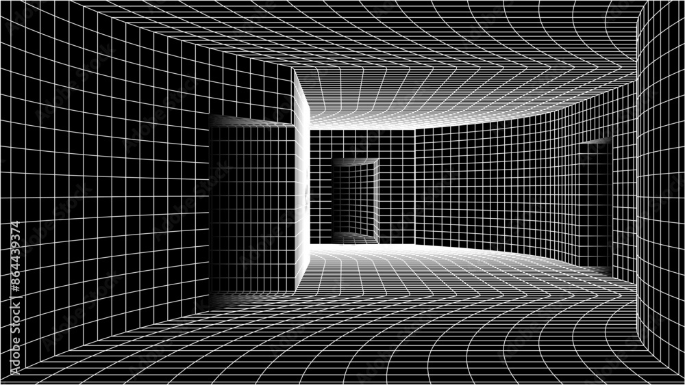 Poster Abstract y2k styled computer background. Sci-fi architecture interior with retro lines. 00s or retrowave, grid room