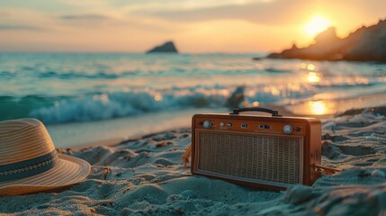 Sunset over the beach with a straw hat and vintage radio on the sand, creating a calm and nostalgic summer evening atmosphere.