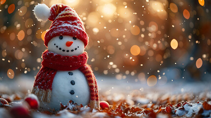 A snowman with a red hat and scarf on a snow-glowing background

