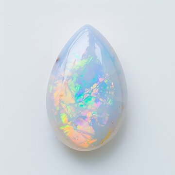 An iridescent opal gemstone, shaped like a teardrop, shimmers on a white background