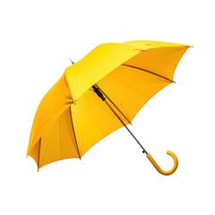 Bright yellow umbrella open with curved handle, perfect for rainy days and stylish weather protection.