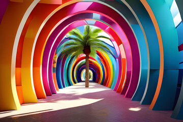 This abstract scene features a vibrant, swirling tunnel in a kaleidoscope of colors. A palm tree silhouette emerges from the end, creating a sense of mystery and tropical allure.
