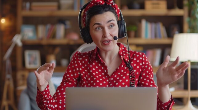 The woman in red headset - Powered by Adobe