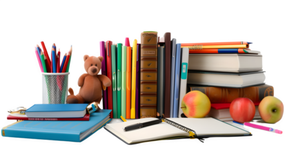 Teacher's setup with classroom materials and books, PNG file, transparent background, isolated on white