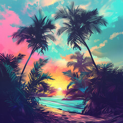 trees on sunset; tropical island with palm trees; sunset in warm country; blue and pink sky; romantic summer background; copy space for text