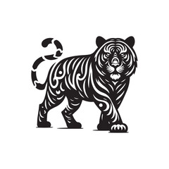 Hand Drawn Tiger Silhouette Isolated On White Background. Vector Illustration In Flat Style.