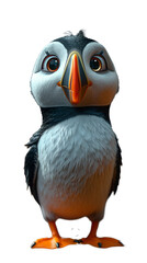 Obraz premium Adorable animated puffin with big round eyes and vibrant beak, standing on a rock with a blurred colorful background.