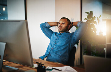 Black man, office and heads on head with computer for research as IT specialist or consultant and...