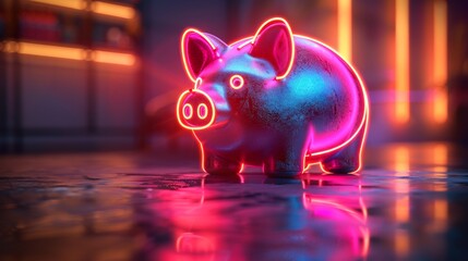 Neon piggy bank with glowing outline in a futuristic setting