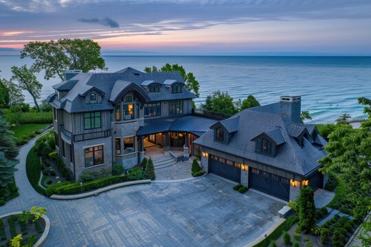 Aerial view of the exterior of a large luxury home with an attached garage on the lake Michigan shore in a scenic neighborhood with a driveway and landscaping Generative AI