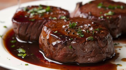 Medium-rare grilled Filet Mignon on on a white plate, seasoned with with red wine sauce