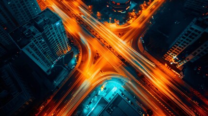Aerial view of road highway intersection with busy urban traffic speeding on the road. Night time, long exposure photography