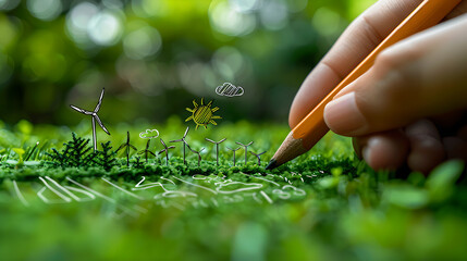Hand-painted green energy symbols on lush grass convey sustainable business practices, green tech innovations, and eco-friendly workspaces.