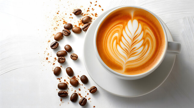 photo of a cup of cappuccino with latte art on a white background. 