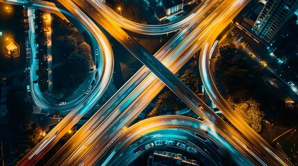 Aerial view of road highway intersection with busy urban traffic speeding on the road. Night time, long exposure photography