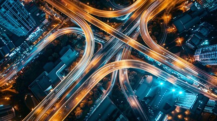Aerial view of road highway intersection with busy urban traffic speeding on the road. Night time, long exposure photography