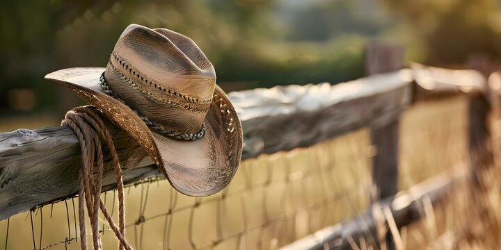 A cowboy hat hangs on a wooden fence with a lasso. Concept Would you like some creative caption suggestions for this image?