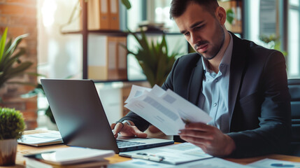 Financial accountant, auditor or business man doing paperwork in the office. Young corporate employee or businessman sitting at desk with laptop computer and looking at data sheets that he is holding