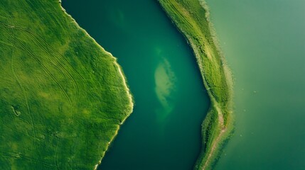 aerial view of blooming algae on green river