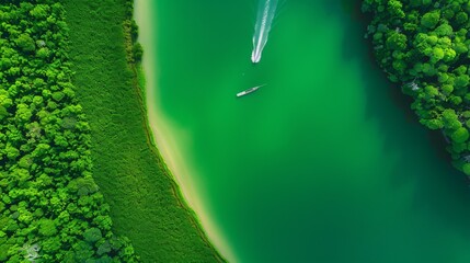 aerial view of blooming algae on green river boat