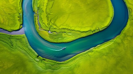 aerial view of blooming algae on green river