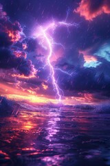 Vibrant Lightning Strike Over Ocean at Sunset with Dramatic Purple and Pink Clouds and Rain in Scenic Seascapelightning