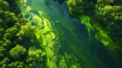 green moss in the water aerial view
