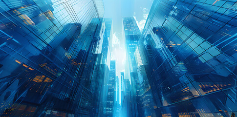 Sleek and modern cityscape with towering skyscrapers and glass buildings reflecting the blue sky