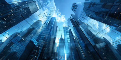 Sleek and modern cityscape with towering skyscrapers and glass buildings reflecting the blue sky