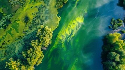 aerial view of blooming algae on green river