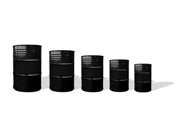 Crude oil prices go down. Crude oil barrels on a white background with soft shadow.