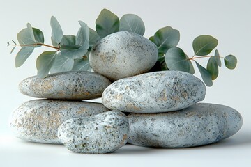 Fototapeta premium Smooth gray stones arranged in artistic stack with green eucalyptus leaves, creating a serene and natural composition for wellness and relaxation conceptsZen stones