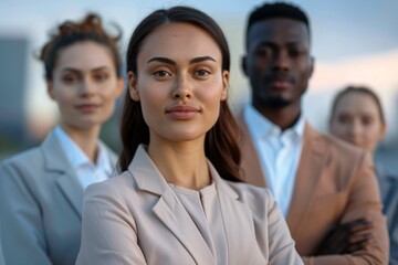 portrait of a young professional woman in front of team