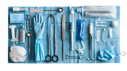 Surgeon's setup with surgical instruments and medical equipment, PNG file, transparent background, isolated on white