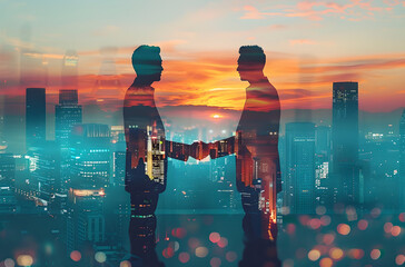 Double exposure of two businessmen shaking hands with a cityscape