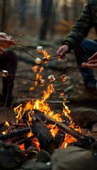 High-definition photo capturing the hands of friends gathered around a campfire, delicately