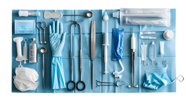 Surgeon's setup with surgical instruments and medical equipment, PNG file, transparent background, isolated on white