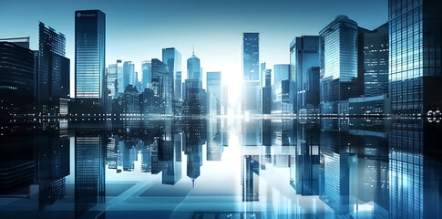Obraz premium Sleek and modern cityscape with towering skyscrapers and glass buildings reflecting the blue sky