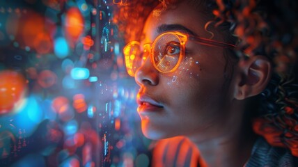 Portrait of a young woman with glasses gazing at colorful digital data projections in a futuristic and illuminated environment with bokeh effecttechnology