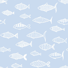 Hand drawn line art seamless pattern with many white lined different fish on blue background.Print cards,invitations,design