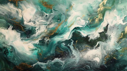 Abstract Fluid Art Painting in Emerald Green, White, and Gold. Luxury Background or Texture